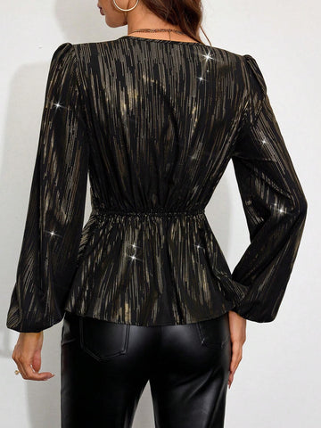 Clasi Print Criss-Cross Collar Ruched Cuff Metallic Button V-Neck Long Sleeve Blouse