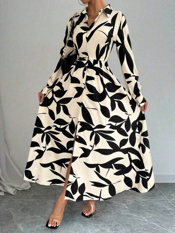 Printed Long Button Waist Designed Dress For Women