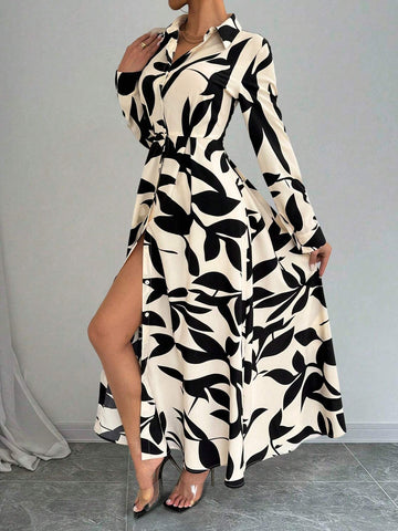 Printed Long Button Waist Designed Dress For Women
