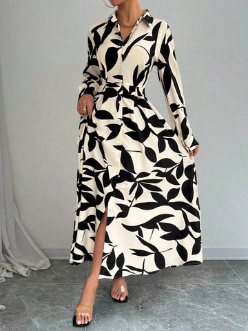 Printed Long Button Waist Designed Dress For Women