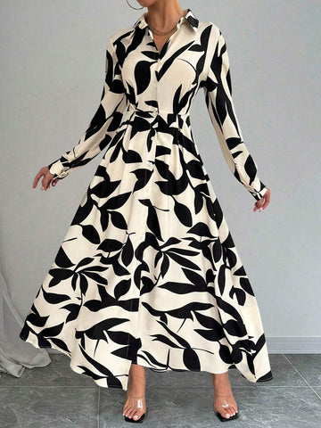 Printed Long Button Waist Designed Dress For Women