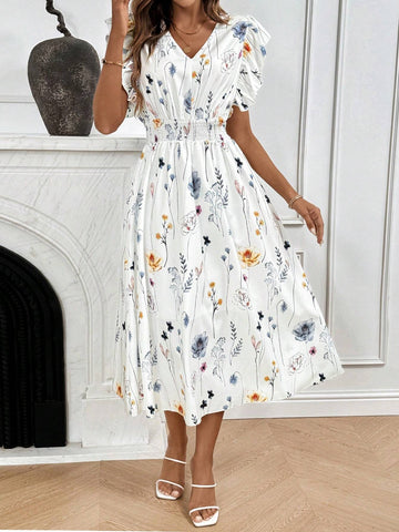 Printed Sleeveless Shirred Waist Cinching Dress