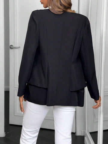 Clasi Puff Sleeve Cinched Waist Faux Suit Collar Double Breasted Blouse