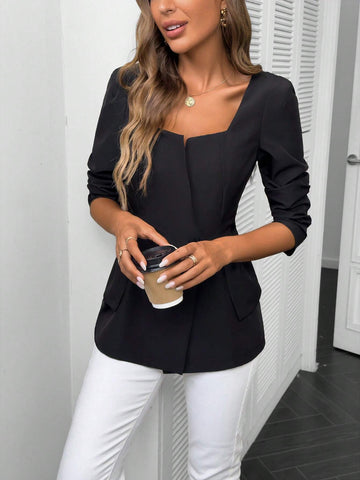 Clasi Puff Sleeve Cinched Waist Faux Suit Collar Double Breasted Blouse