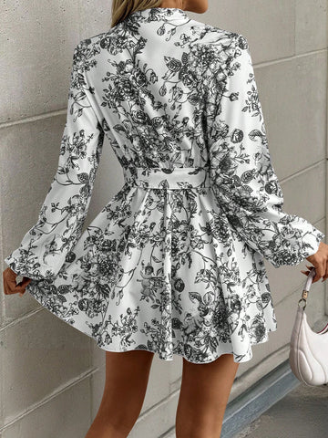 Random Floral Print Women Long Sleeve Casual Shirt Dress