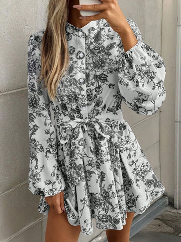 Random Floral Print Women Long Sleeve Casual Shirt Dress
