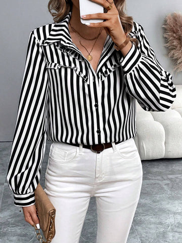 Clasi Random Print Women's Striped Long Sleeve Shirt, Blouse