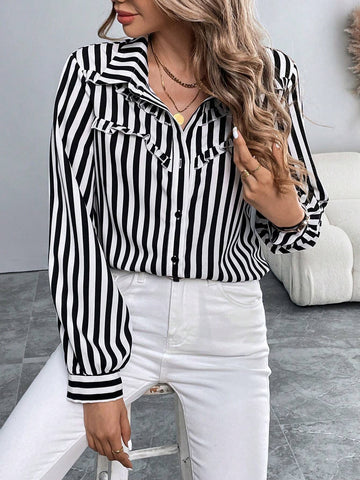 Clasi Random Print Women's Striped Long Sleeve Shirt, Blouse