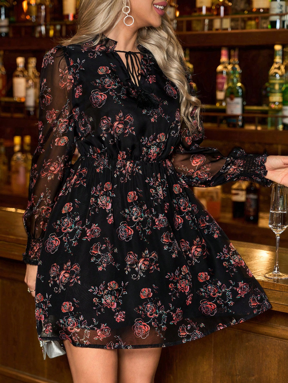 Red Floral Print V-Neck Lace-Up Waist Bodycon Short Dress For Women