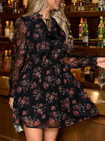 Red Floral Print V-Neck Lace-Up Waist Bodycon Short Dress For Women