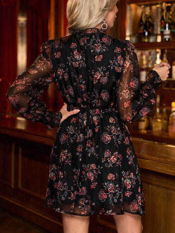 Red Floral Print V-Neck Lace-Up Waist Bodycon Short Dress For Women