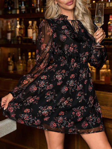 Red Floral Print V-Neck Lace-Up Waist Bodycon Short Dress For Women