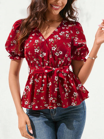 Clasi Red Puff Sleeve Cross-Neck Cinched Waist Frill Hem Ditsy Floral Women's Shirt