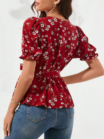 Clasi Red Puff Sleeve Cross-Neck Cinched Waist Frill Hem Ditsy Floral Women's Shirt
