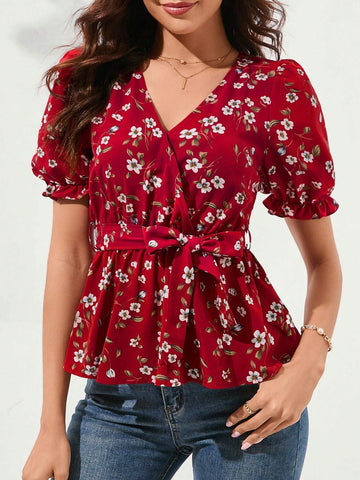Clasi Red Puff Sleeve Cross-Neck Cinched Waist Frill Hem Ditsy Floral Women's Shirt