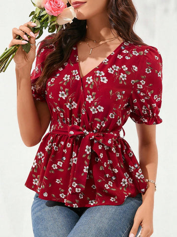 Clasi Red Puff Sleeve Cross-Neck Cinched Waist Frill Hem Ditsy Floral Women's Shirt