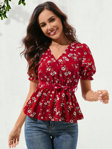 Clasi Red Puff Sleeve Cross-Neck Cinched Waist Frill Hem Ditsy Floral Women's Shirt