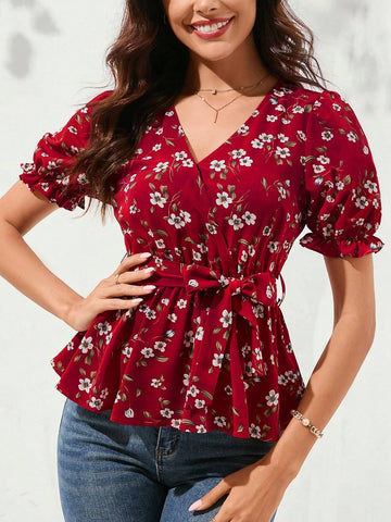 Clasi Red Puff Sleeve Cross-Neck Cinched Waist Frill Hem Ditsy Floral Women's Shirt
