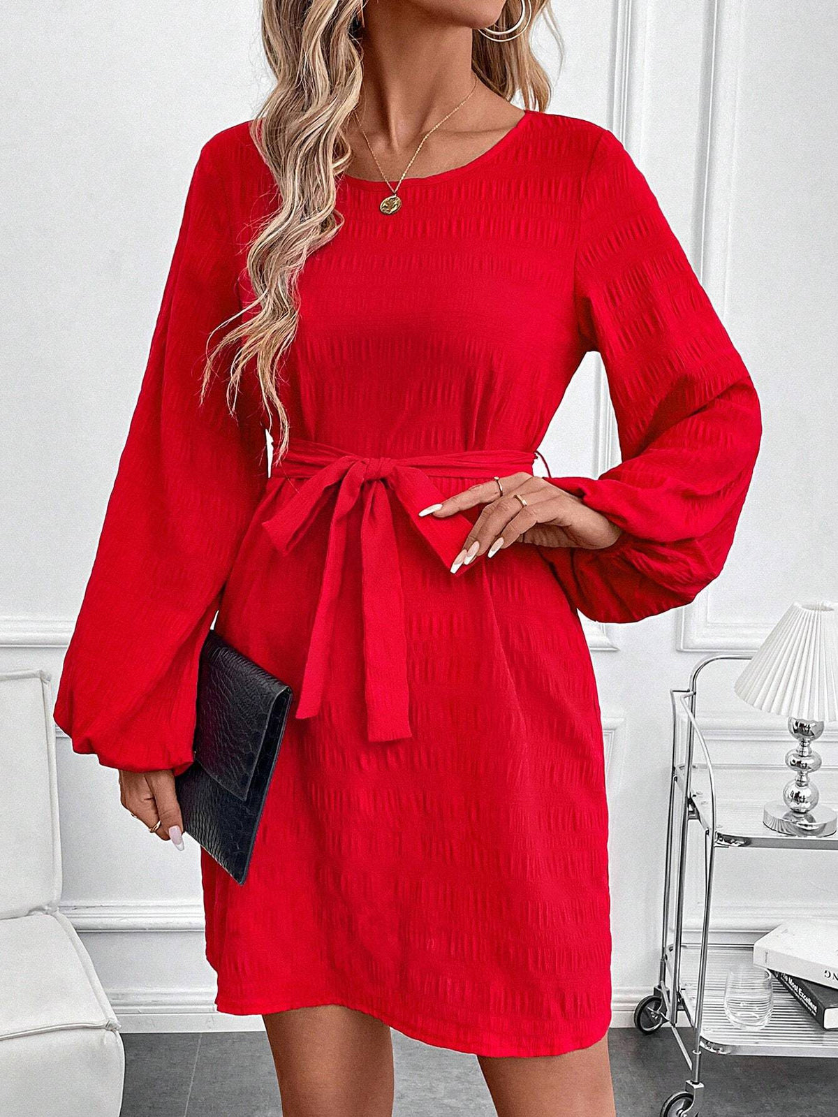 Red Textured Fabric Round Neck Long Sleeve Tie-Waist Fitted Short Women's Dress
