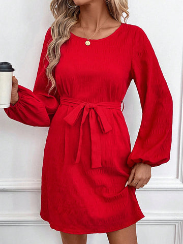 Red Textured Fabric Round Neck Long Sleeve Tie-Waist Fitted Short Women's Dress