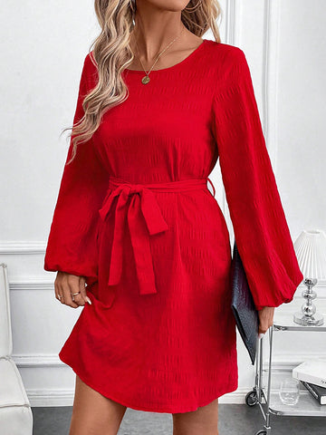 Red Textured Fabric Round Neck Long Sleeve Tie-Waist Fitted Short Women's Dress