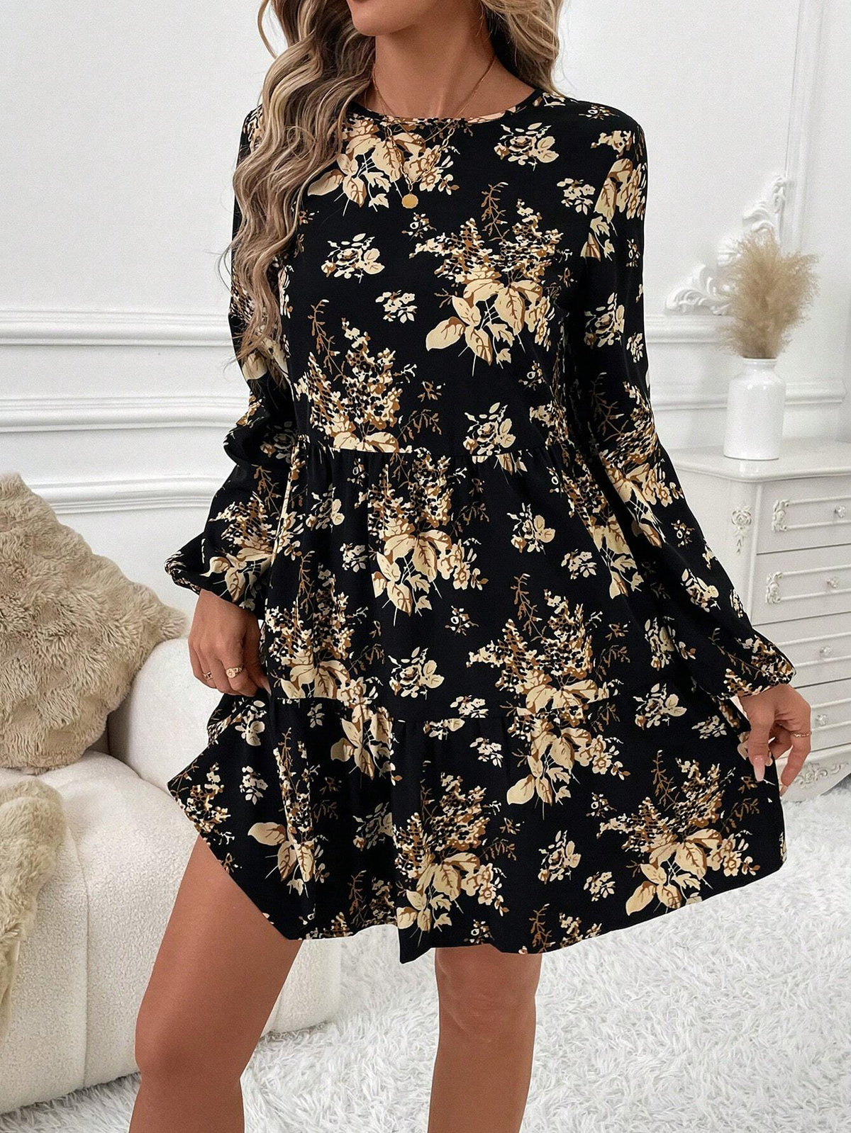 Round Neck Black Printed Comfortable And Elegant Doll Dress For Women