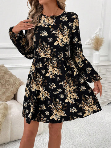 Round Neck Black Printed Comfortable And Elegant Doll Dress For Women