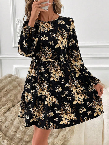 Round Neck Black Printed Comfortable And Elegant Doll Dress For Women