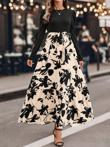 Round Neck Long Sleeve Solid Color Patchwork Tie-Up Minimalist Long Dress