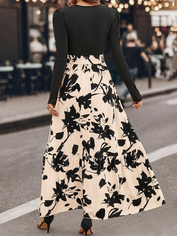 Round Neck Long Sleeve Solid Color Patchwork Tie-Up Minimalist Long Dress