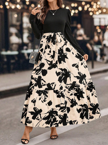 Round Neck Long Sleeve Solid Color Patchwork Tie-Up Minimalist Long Dress