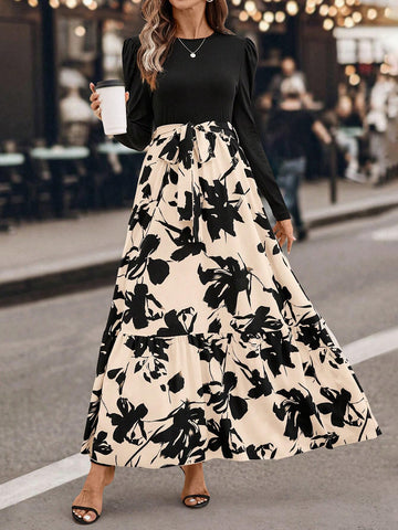 Round Neck Long Sleeve Solid Color Patchwork Tie-Up Minimalist Long Dress