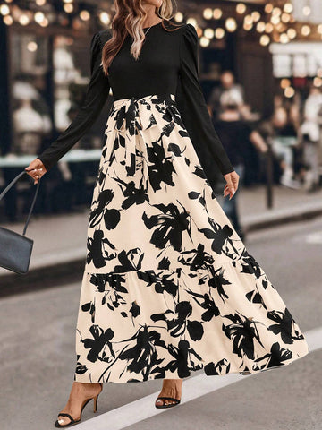 Round Neck Long Sleeve Solid Color Patchwork Tie-Up Minimalist Long Dress