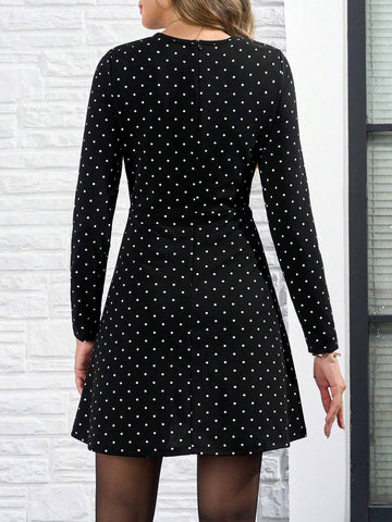 Round Neck Polka Dot Long Sleeve Printed Color Blocking A-Line Dress, Suitable For Autumn And