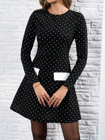 Round Neck Polka Dot Long Sleeve Printed Color Blocking A-Line Dress, Suitable For Autumn And