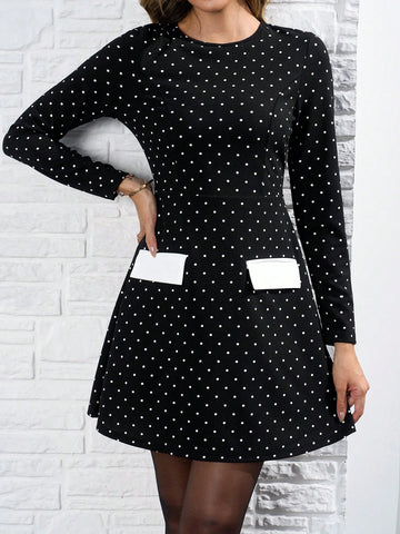Round Neck Polka Dot Long Sleeve Printed Color Blocking A-Line Dress, Suitable For Autumn And