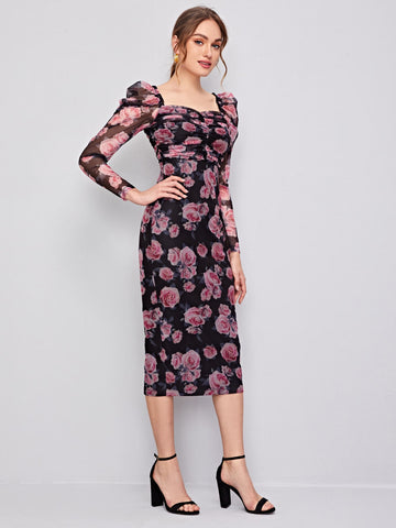 Ruched Detail Gigot Sleeve Floral Mesh Dress