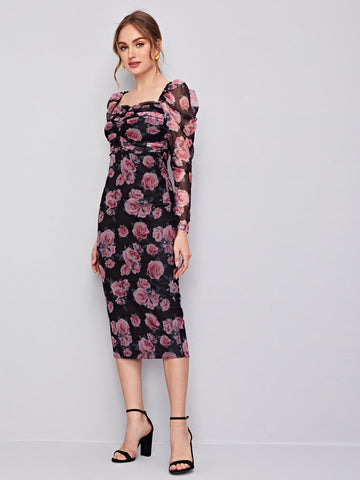 Ruched Detail Gigot Sleeve Floral Mesh Dress