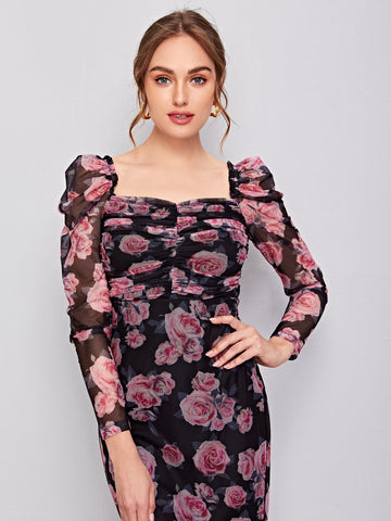 Ruched Detail Gigot Sleeve Floral Mesh Dress