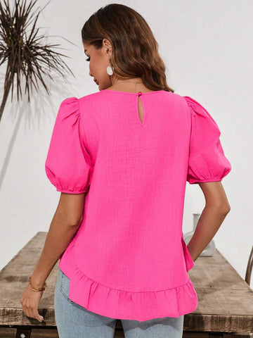 Clasi Ruffle Puff Sleeve Irregular Hem Women Shirt
