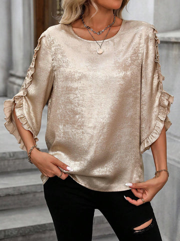 Clasi Ruffle Sleeve Glossy Fabric Casual/Office Shirt