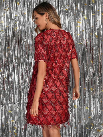 Sequin Decor Belted Dress, Party Evening Gown, Ball Gown