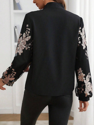 Clasi Sequin Patchwork Sleeve Collar Tie Elegant Lady Dress