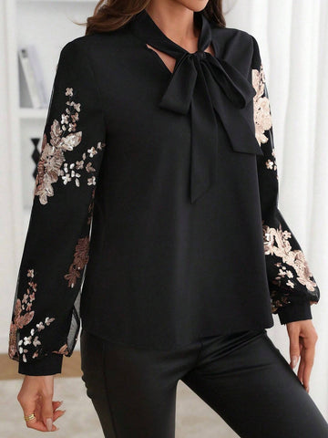 Clasi Sequin Patchwork Sleeve Collar Tie Elegant Lady Dress