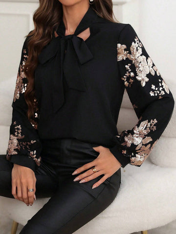 Clasi Sequin Patchwork Sleeve Collar Tie Elegant Lady Dress