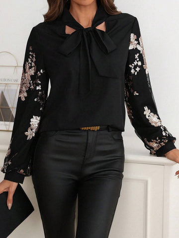 Clasi Sequin Patchwork Sleeve Collar Tie Elegant Lady Dress