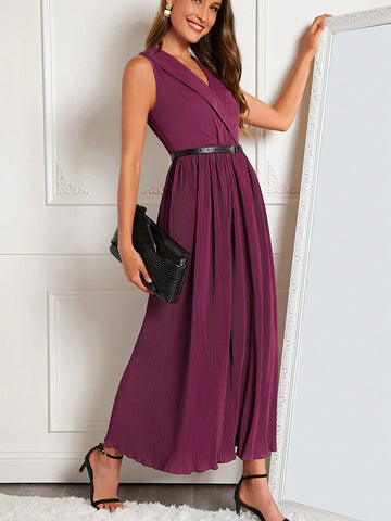 Shawl Collar Pleated Wide Leg Jumpsuit Without Belt