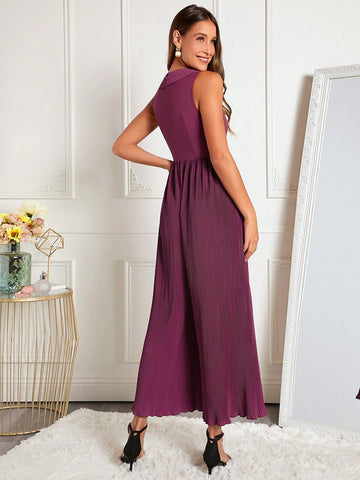 Shawl Collar Pleated Wide Leg Jumpsuit Without Belt