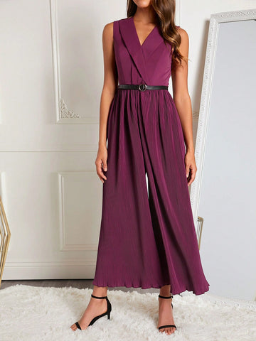Shawl Collar Pleated Wide Leg Jumpsuit Without Belt