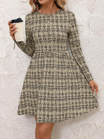 Short Plaid Crew Neck Long Sleeve Dress For Women, Autumn/Winter